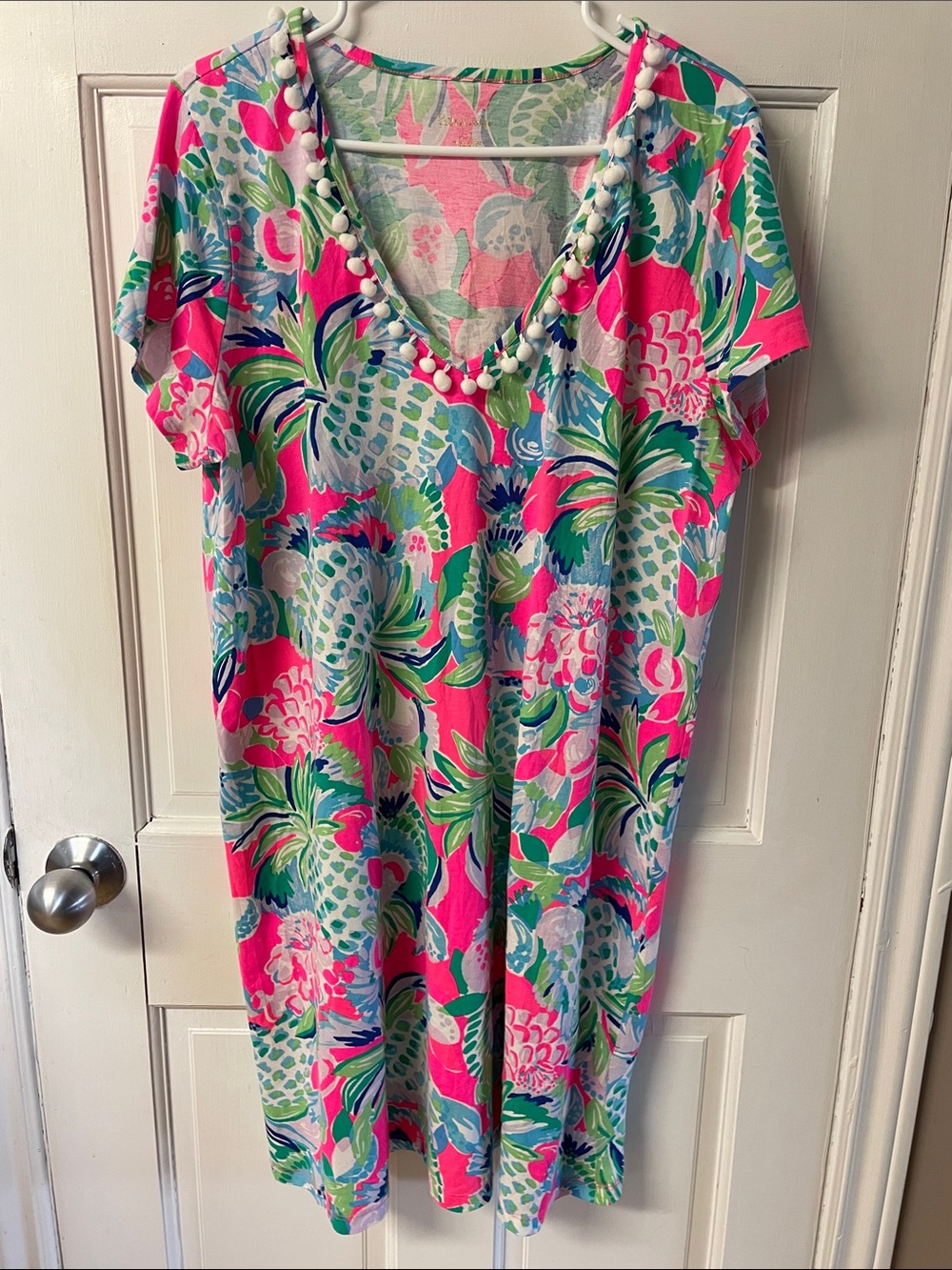 Lilly Pulitzer Etta V neck dress tropical print pom-pom trim women’s size XXL